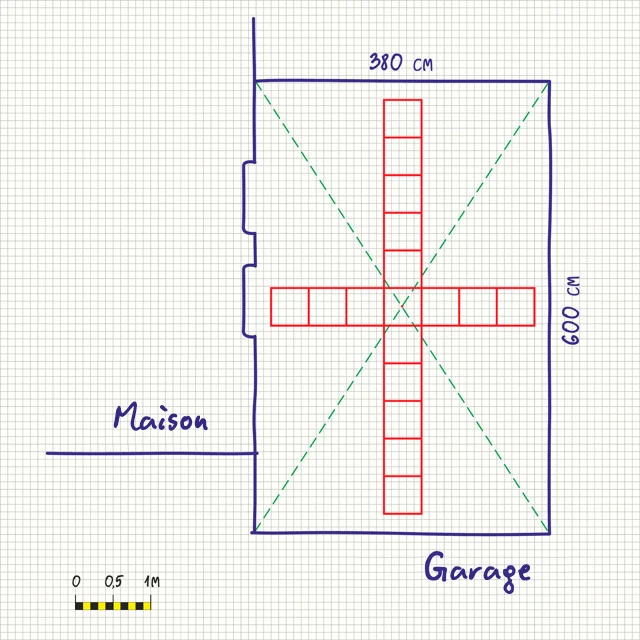 Le simple croquis, dessiné sur du papier quadrillé ou du papier millimétré, permet de déterminer les besoins en dalles pour la terrasse sur le toit d'un garage.