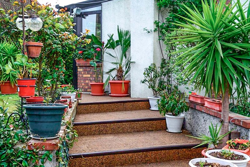 Un escalier recouvert de dalles en granulat de caoutchouc WARCO de couleur Maroc avec des plantes en pots fleuries.