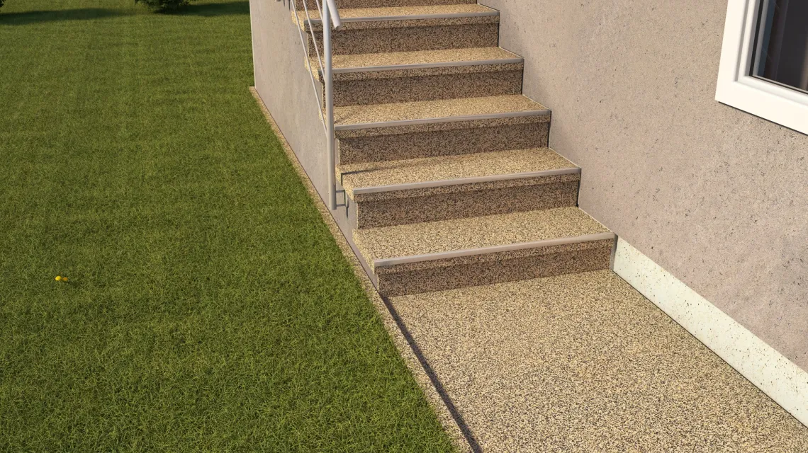 Beispielhafte Verlegung für den Artikel 0104 von WARCO - Revêtement en caoutchouc pour escaliers, Farbton Travertin in der Abmessung 500 x 500 x 18 mm.