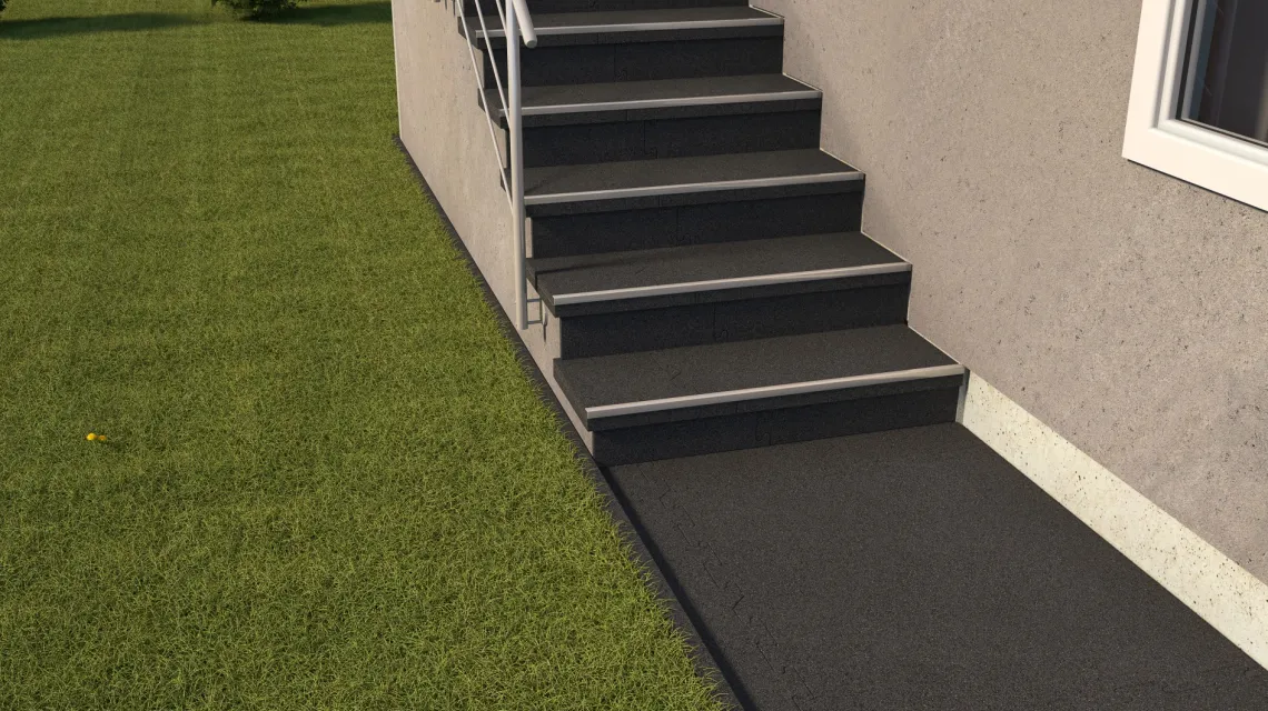 Beispielhafte Verlegung für den Artikel 0176 von WARCO - Revêtement en caoutchouc pour escaliers, Farbton Anthracite in der Abmessung 500 x 500 x 18 mm.