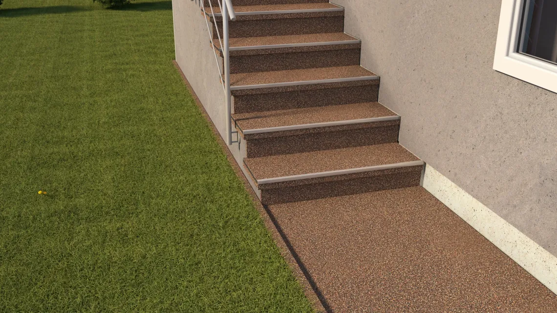 Beispielhafte Verlegung für den Artikel 0291 von WARCO - Revêtement en caoutchouc pour escaliers, Farbton Café au lait in der Abmessung 1000 x 1000 x 18 mm.