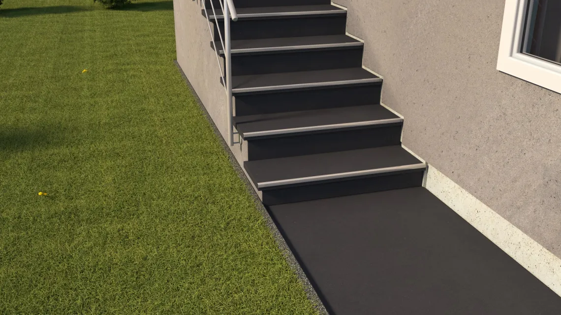 Beispielhafte Verlegung für den Artikel 0911 von WARCO - Carreau d’escalier, Farbton Antracite mat in der Abmessung 485 x 485 x 8 mm.