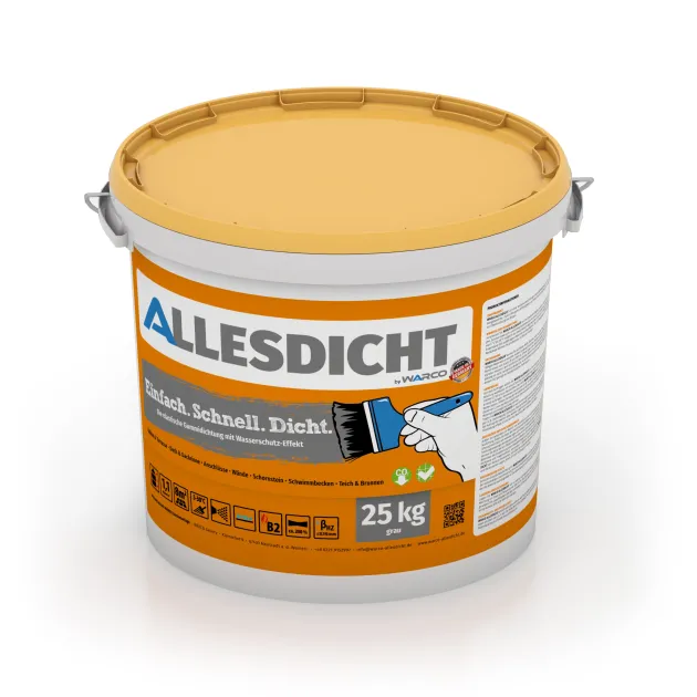 ALLESDICHT – Le revêtement en caoutchouc prêt à l’emploi de WARCO en couleur Gris au format 25 kg. La photo de l’article 0019 dans la vue complète de face.