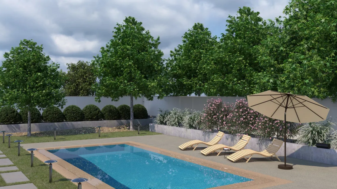 Beispielhafte Verlegung für den Artikel 2727 von WARCO - Dalle plage de piscine, Farbton Granit clair in der Abmessung 500 x 500 x 30 mm.
