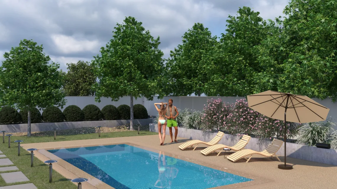 Beispielhafte Verlegung für den Artikel 2926 von WARCO - Dalle plage de piscine, Farbton Travertin in der Abmessung 500 x 500 x 40 mm.