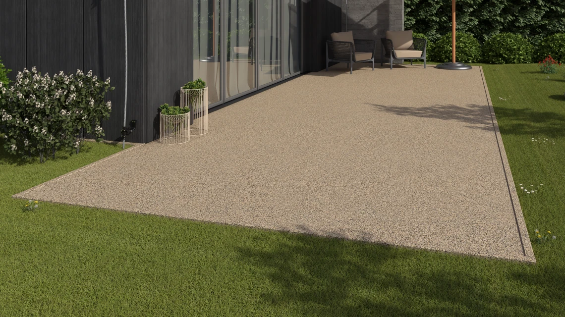 Beispielhafte Verlegung für den Artikel 3735 von WARCO - Revêtement de sol extérieur, Farbton Travertin in der Abmessung 306 x 306 x 20 mm.