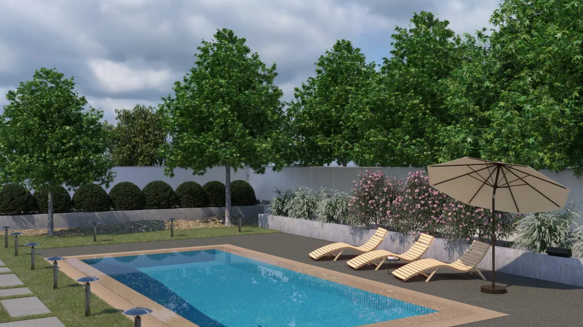 Beispielhafte Verlegung für den Artikel 3848 von WARCO - Dalle plage de piscine sans joints, Farbton Granit foncé in der Abmessung 306 x 306 x 20 mm.