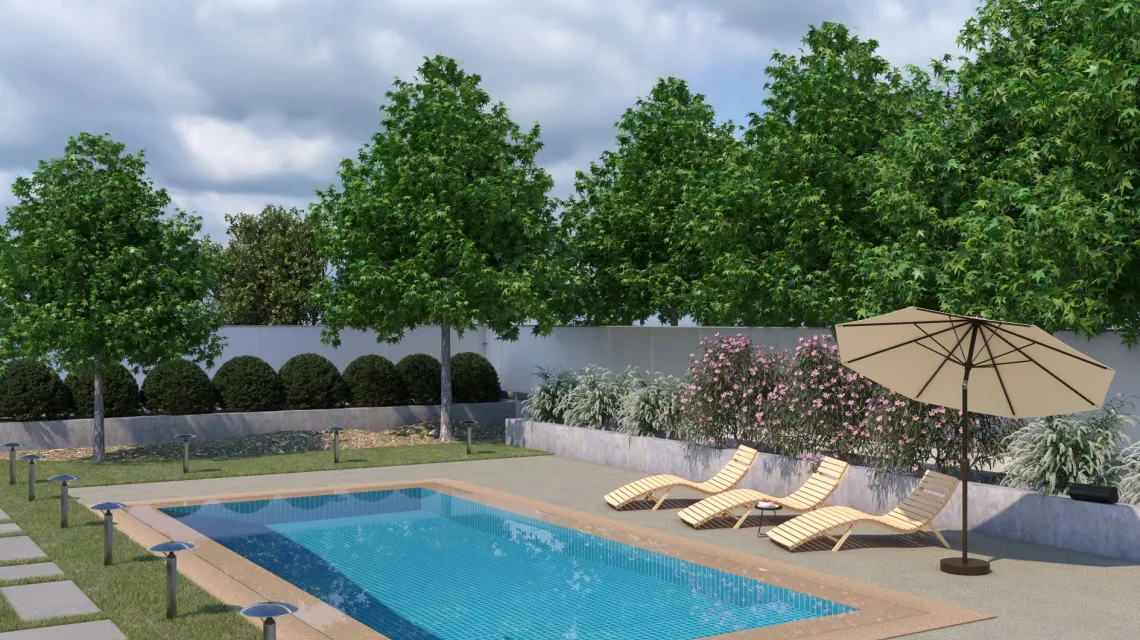 Beispielhafte Verlegung für den Artikel 3850 von WARCO - Dalle plage de piscine sans joints, Farbton Granit clair in der Abmessung 306 x 306 x 20 mm.