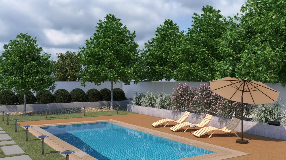 Beispielhafte Verlegung für den Artikel 3852 von WARCO - Dalle plage de piscine sans joints, Farbton Terre cuite in der Abmessung 306 x 306 x 20 mm.