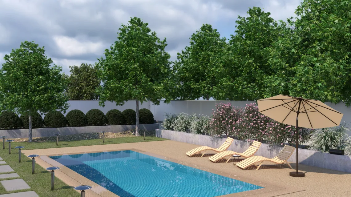 Beispielhafte Verlegung für den Artikel 3856 von WARCO - Dalle plage de piscine sans joints, Farbton Travertin in der Abmessung 306 x 306 x 20 mm.