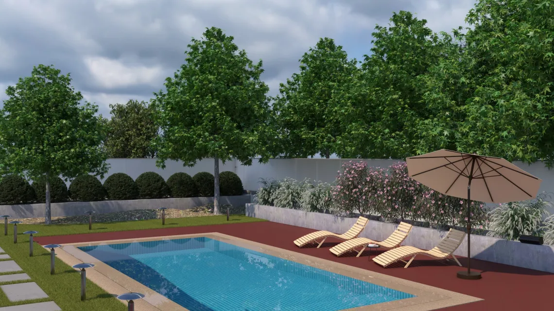 Beispielhafte Verlegung für den Artikel 4414 von WARCO - Dalle plage de piscine sans joints, Farbton Rouge corail in der Abmessung 306 x 306 x 20 mm.