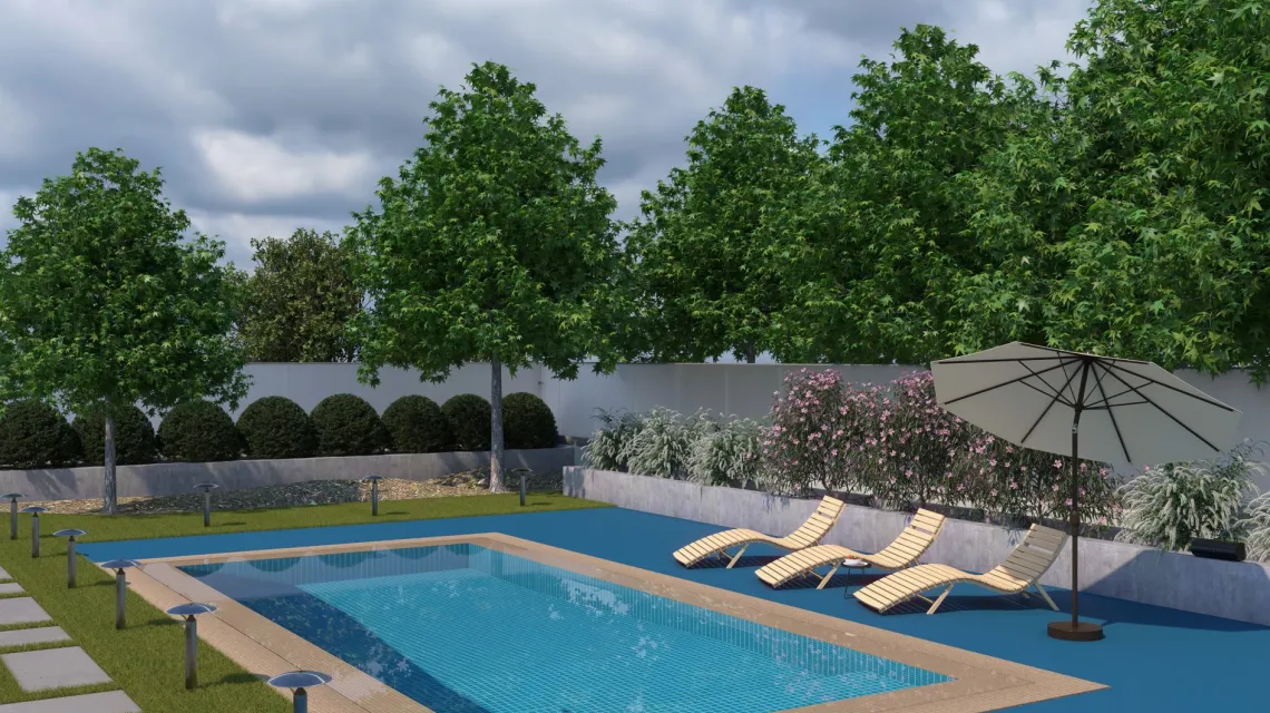 Beispielhafte Verlegung für den Artikel 4415 von WARCO - Dalle plage de piscine sans joints, Farbton Bleu ciel in der Abmessung 306 x 306 x 20 mm.