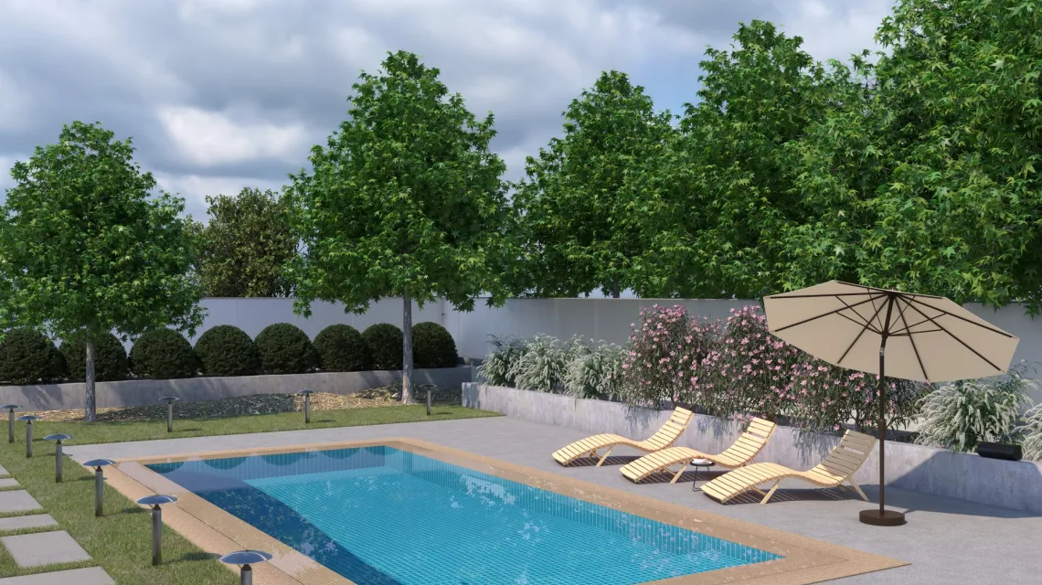 Beispielhafte Verlegung für den Artikel 4453 von WARCO - Dalle plage de piscine sans joints, Farbton Gris mélange in der Abmessung 306 x 306 x 20 mm.