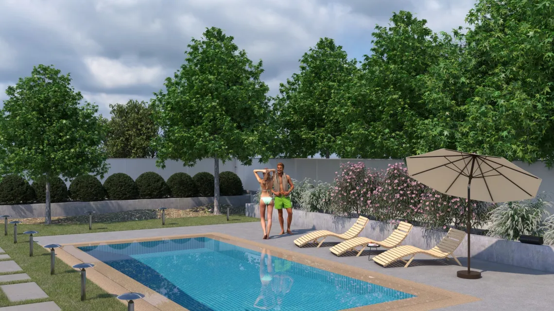 Beispielhafte Verlegung für den Artikel 4546 von WARCO - Dalle plage de piscine, Farbton Gris mélange in der Abmessung 500 x 500 x 40 mm.
