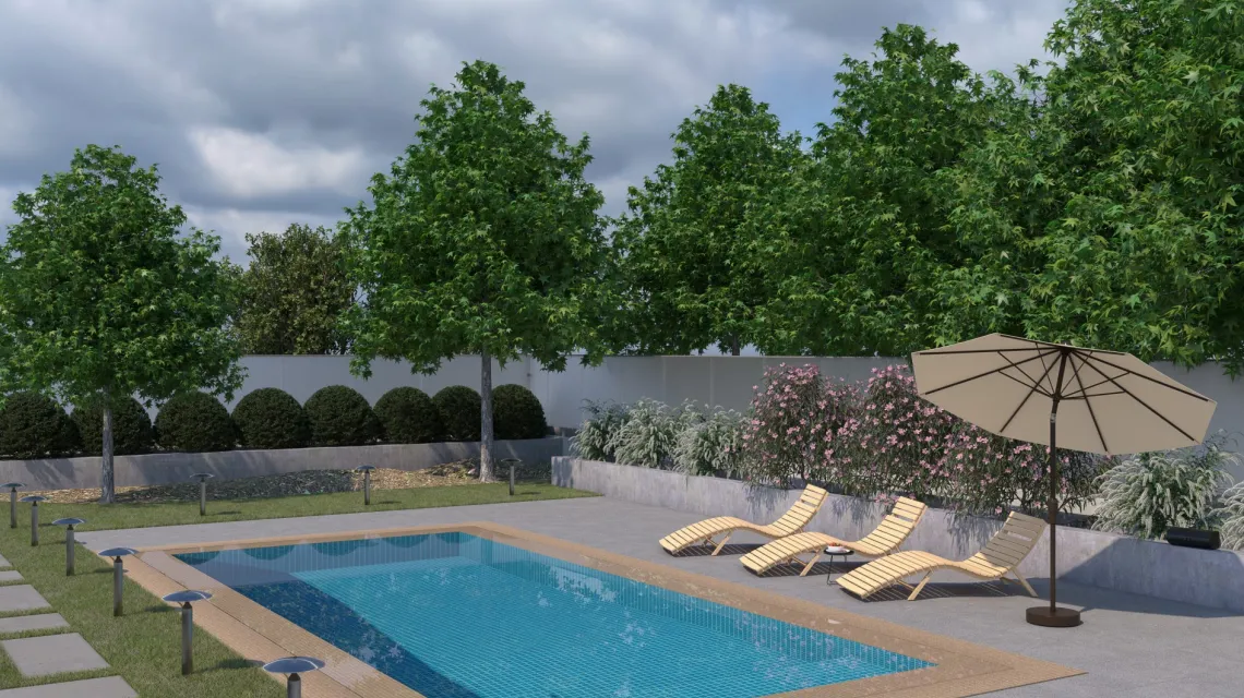 Beispielhafte Verlegung für den Artikel 4617 von WARCO - Dalle plage de piscine Classique, Farbton Gris mélange in der Abmessung 500 x 500 x 30 mm.