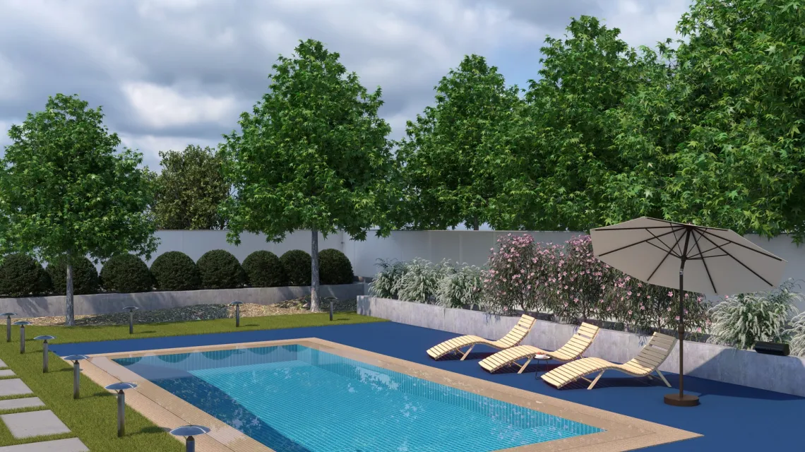 Beispielhafte Verlegung für den Artikel 5994 von WARCO - Dalle plage de piscine sans joints, Farbton Bleu Gentiane in der Abmessung 306 x 306 x 20 mm.
