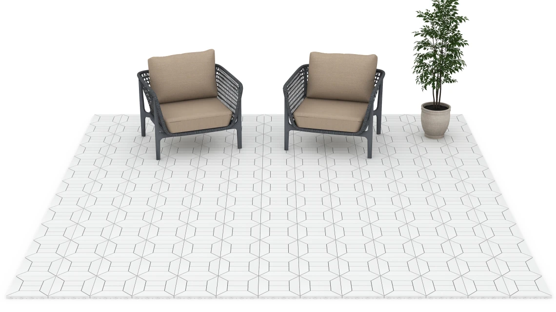 Beispielhafte Verlegung für den Artikel 6352 von WARCO - Motif à caissons – Dalle clipsable, Farbton Craie in der Abmessung 30 x 30 x 2 cm.