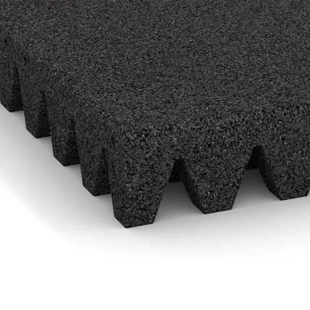 La vue détaillée sur les bords du produit WARCO 0726, Dalle amortissante, au format 500 x 500 x 80 mm, en couleur Anthracite.