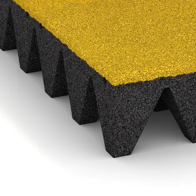 La vue détaillée sur les bords du produit WARCO 5637, Dalle amortissante 10 cm - EN 1177 ≤ 300 cm, au format 500 x 500 x 100 mm, en couleur Jaune Citron.