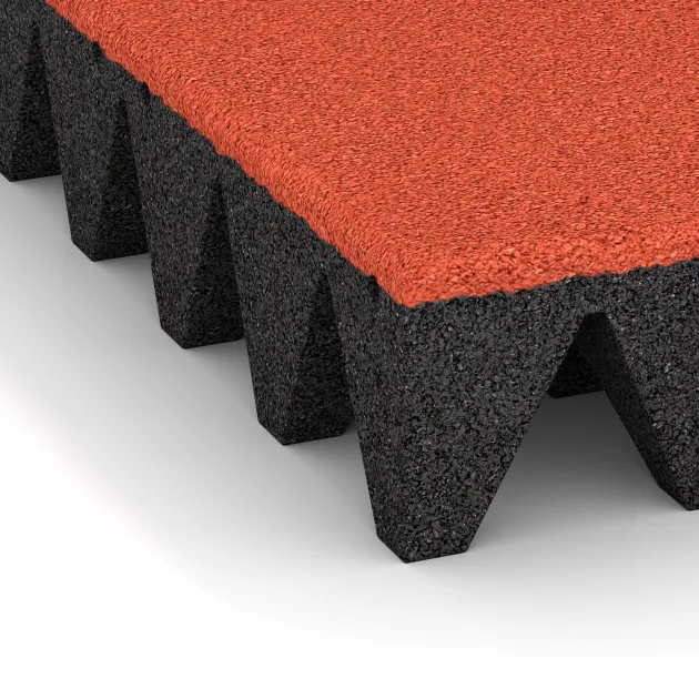 La vue détaillée sur les bords du produit WARCO 5639, Dalle amortissante 10 cm - EN 1177 ≤ 300 cm, au format 500 x 500 x 100 mm, en couleur Rouge-Orange Clair.