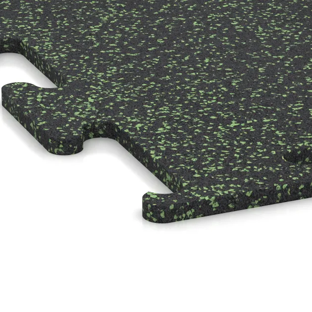 La vue détaillée sur les bords du produit WARCO 3771, Revêtement sportif Fitness Performance Elite, au format 500 x 500 x 15 mm, en couleur Vert doux moucheté.