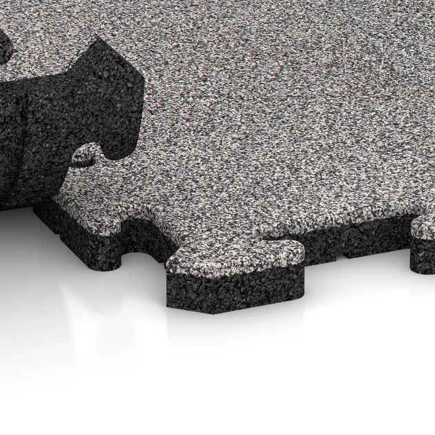 Le gros plan sur le système de connexion des revêtements de sol WARCO 4850 - Dalle d’angle HD en couleur Gris mélange. Les dimensions 235 x 235 x 30 mm.
