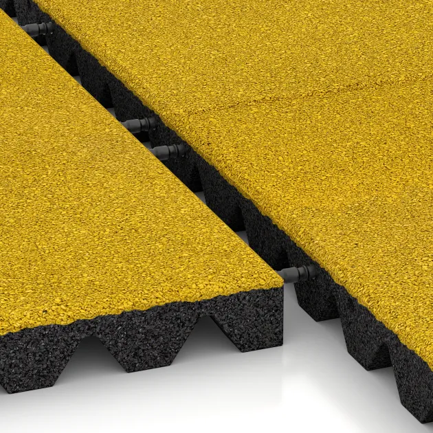 Le gros plan sur le système de connexion des revêtements de sol WARCO 5537 - Dalle amortissante 4,5 cm - EN 1177 ≤ 135 cm en couleur Jaune Citron. Les dimensions 500 x 500 x 45 mm.
