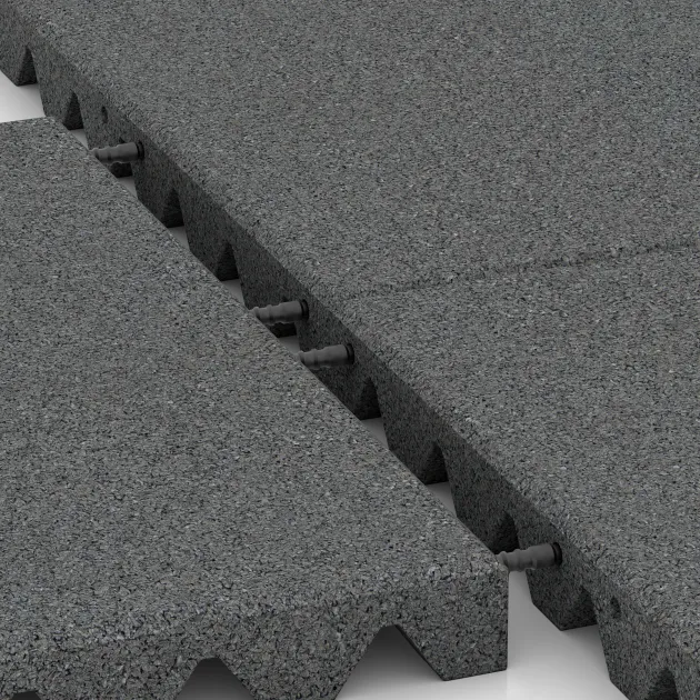 Le gros plan sur le système de connexion des revêtements de sol WARCO 3865 - Dalle acoustique en couleur Gris ardoise. Les dimensions 500 x 500 x 45 mm.
