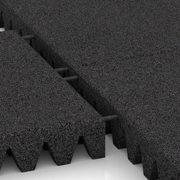 Le gros plan sur le système de connexion des revêtements de sol WARCO 0726 - Dalle amortissante en couleur Anthracite. Les dimensions 500 x 500 x 80 mm.