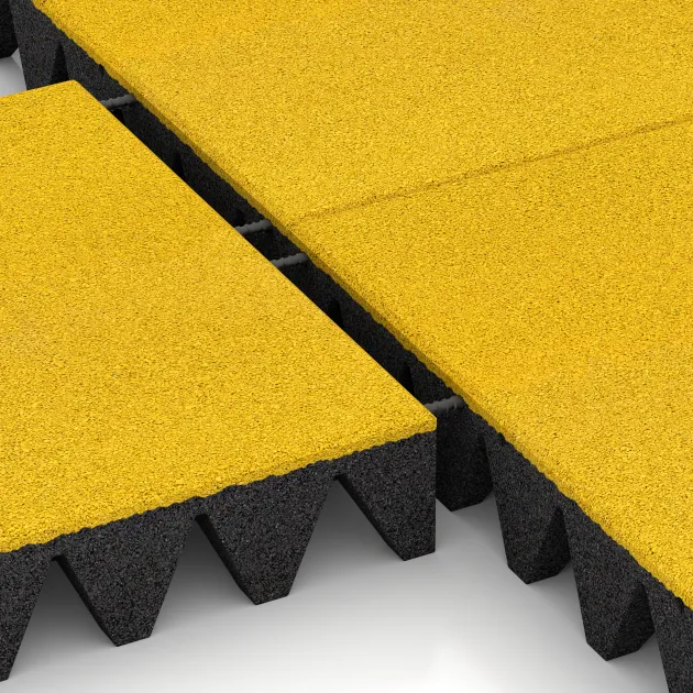Le gros plan sur le système de connexion des revêtements de sol WARCO 5637 - Dalle amortissante 10 cm - EN 1177 ≤ 300 cm en couleur Jaune Citron. Les dimensions 500 x 500 x 100 mm.