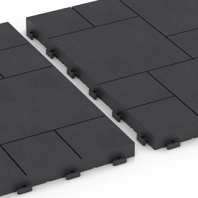 Le gros plan sur le système de connexion des revêtements de sol WARCO 6329 - Motif bloc – Dalle clipsable en couleur Ardoise. Les dimensions 38,5 x 38,5 x 2 cm.