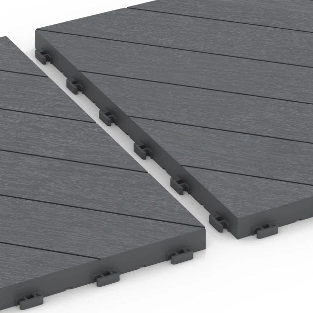 Le gros plan sur le système de connexion des revêtements de sol WARCO 6326 - Point de Hongrie – Dalle clipsable en couleur Gris argent. Les dimensions 38,5 x 38,5 x 2 cm.