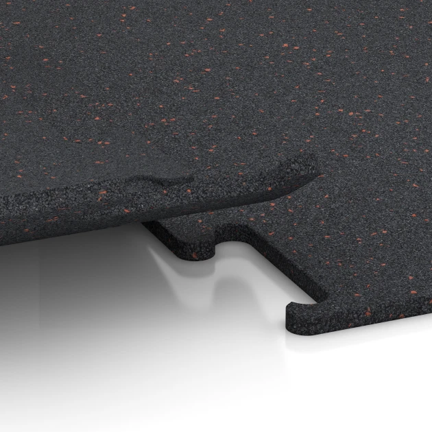 Le gros plan sur le système de connexion des revêtements de sol WARCO 3757 - Fitness Performance Elite Revêtement Sportif en couleur Rouge doux moucheté. Les dimensions 100 x 100 x 1,5 cm | 1,00 m².