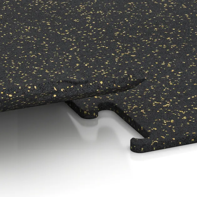 Le gros plan sur le système de connexion des revêtements de sol WARCO 3756 - Revêtement sportif Fitness Performance Elite en couleur Jaune doux moucheté. Les dimensions 1000 x 1000 x 15 mm.