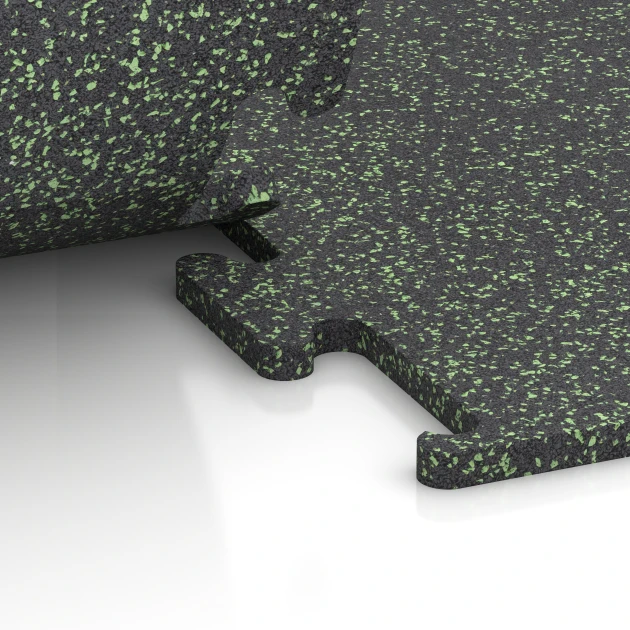 Le gros plan sur le système de connexion des revêtements de sol WARCO 6979 - Fitness Performance Elite Revêtement Sportif en couleur Vert doux moucheté. Les dimensions 100 x 100 x 2 cm | 1,00 m².