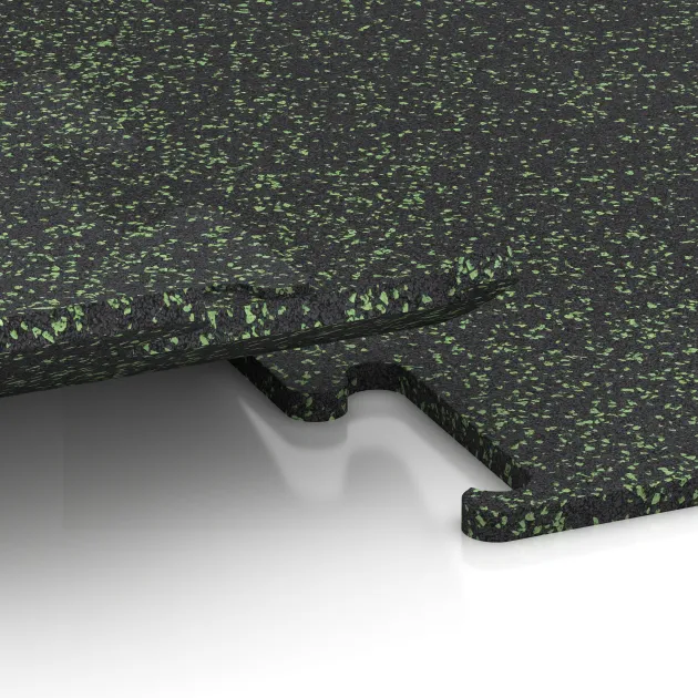 Le gros plan sur le système de connexion des revêtements de sol WARCO 3771 - Revêtement sportif Fitness Performance Elite en couleur Vert doux moucheté. Les dimensions 500 x 500 x 15 mm.