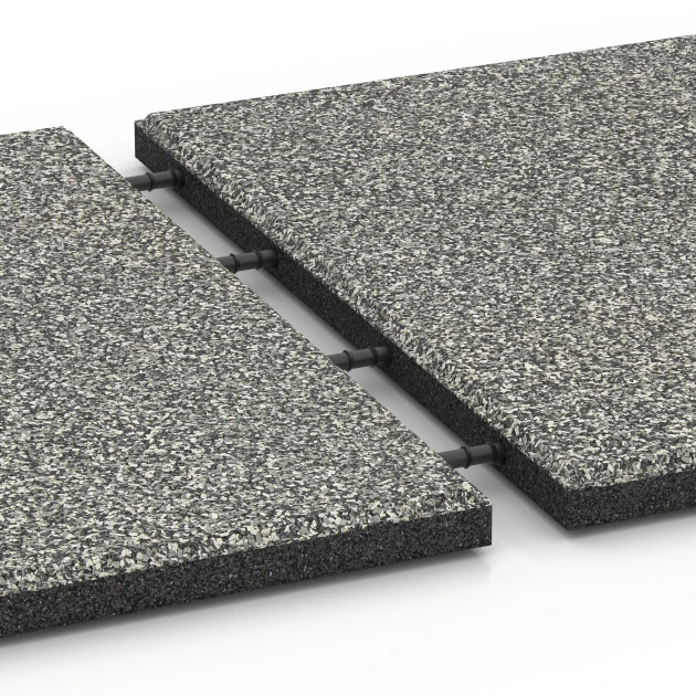 Le gros plan sur le système de connexion des revêtements de sol WARCO 6414 - Dalle amortissante – 90 cm en couleur Granit gris. Les dimensions 50 x 50 x 3 cm.