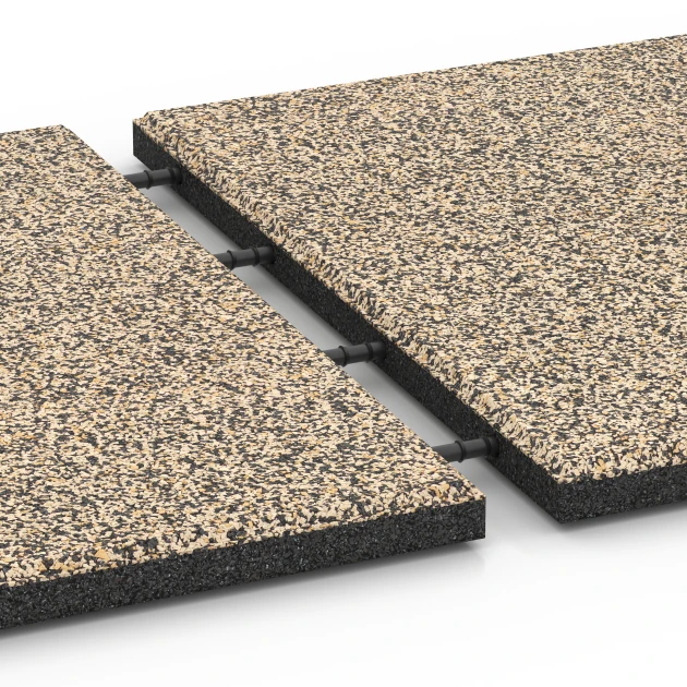 Le gros plan sur le système de connexion des revêtements de sol WARCO 6419 - Dalle amortissante – 90 cm en couleur Travertin. Les dimensions 50 x 50 x 3 cm.