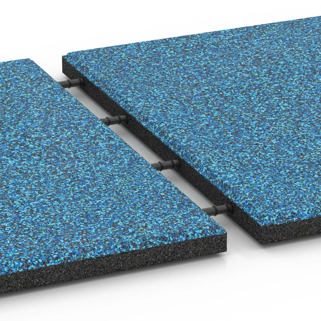 Le gros plan sur le système de connexion des revêtements de sol WARCO 6420 - Dalle amortissante – 90 cm en couleur Atlantique. Les dimensions 50 x 50 x 3 cm.