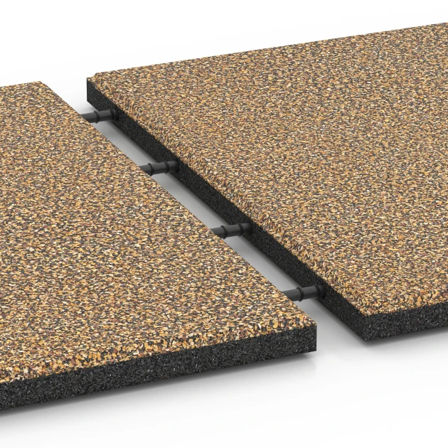 Le gros plan sur le système de connexion des revêtements de sol WARCO 6421 - Dalle amortissante – 90 cm en couleur Rattan. Les dimensions 50 x 50 x 3 cm.