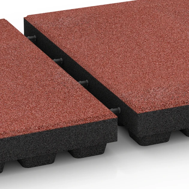 Le gros plan sur le système de connexion des revêtements de sol WARCO 6296 - Dalles amortissantes en couleur Rouge tomate. Les dimensions 50 x 50 x 7 cm.