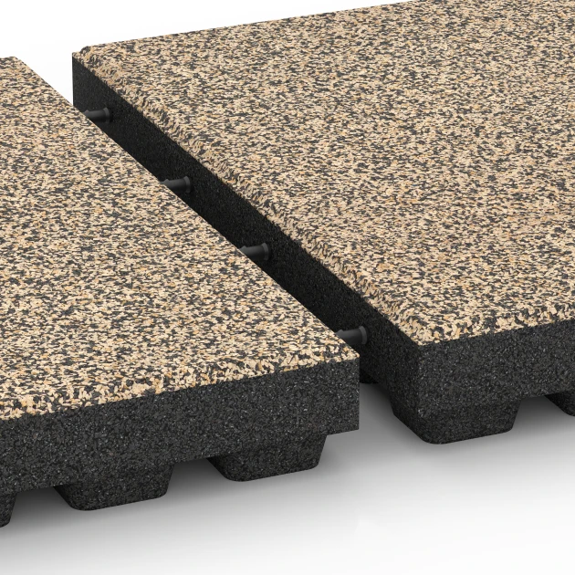 Le gros plan sur le système de connexion des revêtements de sol WARCO 6446 - Dalle amortissante – 210 cm en couleur Travertin. Les dimensions 50 x 50 x 7 cm.