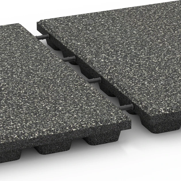 Le gros plan sur le système de connexion des revêtements de sol WARCO 6431 - Dalle amortissante – 160 cm en couleur Granit gris foncé. Les dimensions 50 x 50 x 4,8 cm.