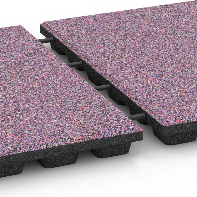 Le gros plan sur le système de connexion des revêtements de sol WARCO 6436 - Dalle amortissante – 160 cm en couleur Lavande. Les dimensions 50 x 50 x 4,8 cm.