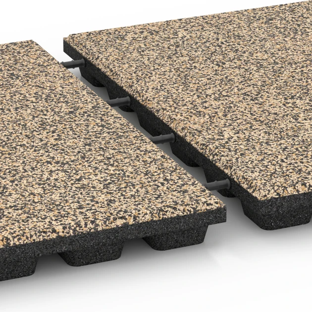 Le gros plan sur le système de connexion des revêtements de sol WARCO 6437 - Dalle amortissante – 160 cm en couleur Travertin. Les dimensions 50 x 50 x 4,8 cm.