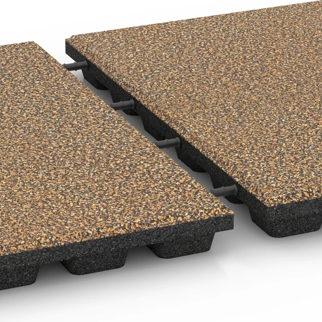 Le gros plan sur le système de connexion des revêtements de sol WARCO 6439 - Dalle amortissante – 160 cm en couleur Rattan. Les dimensions 50 x 50 x 4,8 cm.