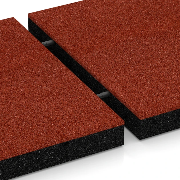 Le gros plan sur le système de connexion des revêtements de sol WARCO 6201 - Dalles amortissantes en couleur Rouge brique. Les dimensions 50 x 50 x 6 cm.
