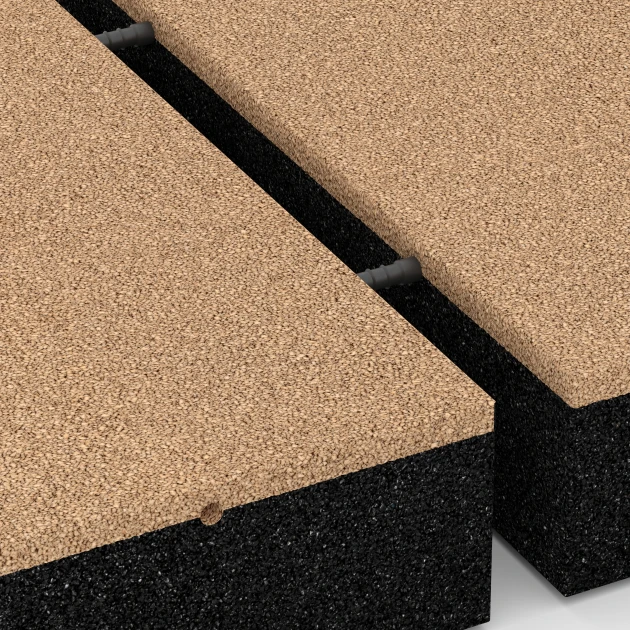 Le gros plan sur le système de connexion des revêtements de sol WARCO 6231 - Dalles amortissantes en couleur Beige sable. Les dimensions 50 x 50 x 11 cm.
