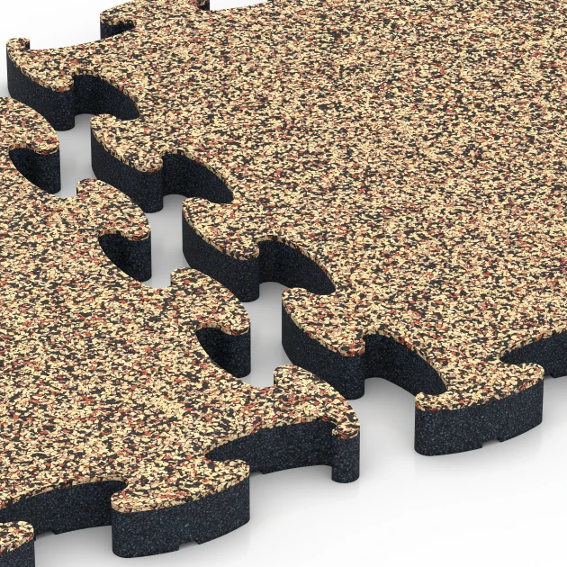 Le gros plan sur le système de connexion des revêtements de sol WARCO 6880 - Dalle Fitness Max en couleur Terracotta. Les dimensions 44,6 x 44,6 × 2,8 cm.