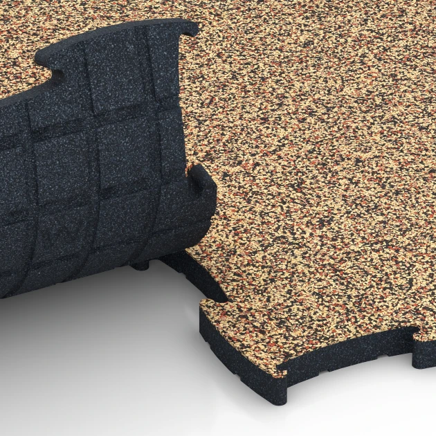 Le gros plan sur le système de connexion des revêtements de sol WARCO 6889 - Dalle Fitness Max en couleur Terracotta. Les dimensions 97,1 x 97,1 x 2,8 cm.